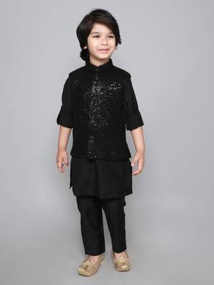 Black Cotton Silk Sequin Embroidered Kurta Pajama Set 1