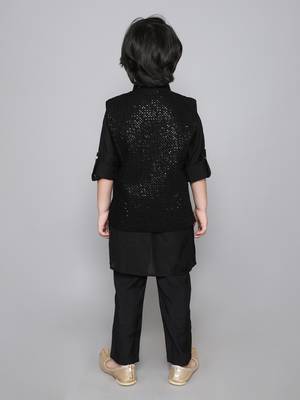 Black Cotton Silk Sequin Embroidered Kurta Pajama Set 2