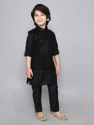Black Cotton Silk Sequin Embroidered Kurta Pajama Set 3