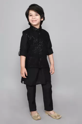 Black Cotton Silk Sequin Embroidered Kurta Pajama Set