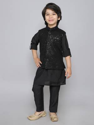 Black Cotton Silk Sequin Embroidered Kurta Pajama Set 4