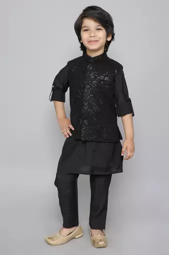 Black Cotton Silk Sequin Embroidered Kurta Pajama Set