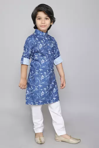Cotton kurta set with botanical print kurta- blue