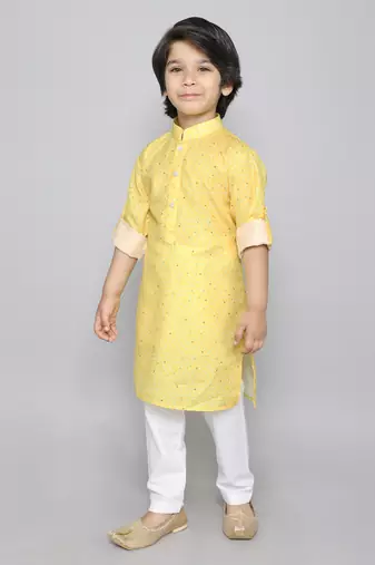 Cotton kurta set with bhandini print- yellow