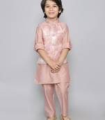 Kurta set with woven jaquard button up jacket - onion pink