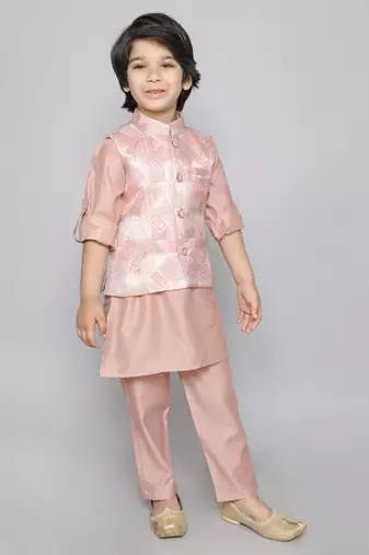 Kurta set with woven jaquard button up jacket - onion pink