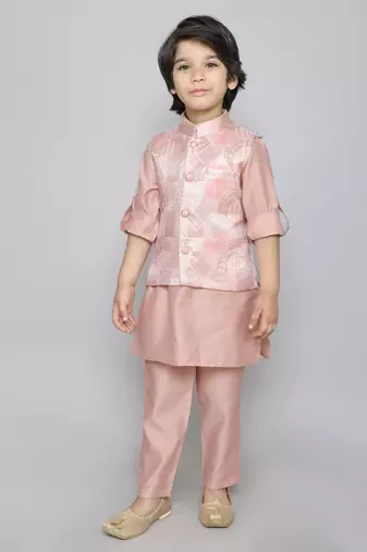 Kurta set with woven jaquard button up jacket - onion pink