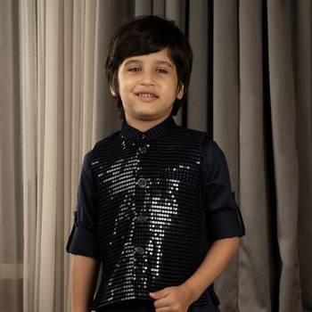 Full sleeves kurta pyjama set with sequin jacket for boys - navy blue 1