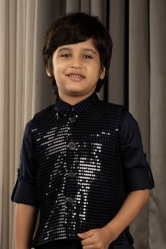 Full sleeves kurta pyjama set with sequin jacket for boys - navy blue