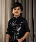 Full sleeves kurta pyjama set with sequin jacket for boys - navy blue