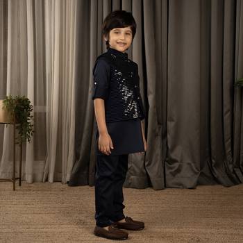 Full sleeves kurta pyjama set with sequin jacket for boys - navy blue 2