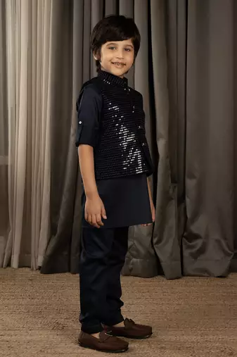 Full sleeves kurta pyjama set with sequin jacket for boys - navy blue