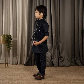 Full sleeves kurta pyjama set with sequin jacket for boys - navy blue 4