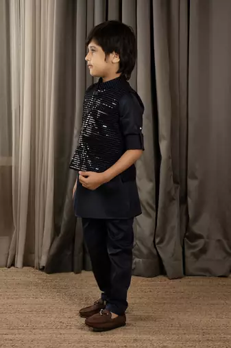 Full sleeves kurta pyjama set with sequin jacket for boys - navy blue