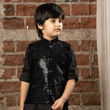Full sleeves kurta pyjama set with sequin jacket for boys - black 2