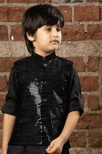 Full sleeves kurta pyjama set with sequin jacket for boys - black
