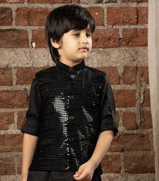 Full sleeves kurta pyjama set with sequin jacket for boys - black