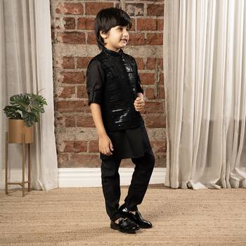 Full sleeves kurta pyjama set with sequin jacket for boys - black 3
