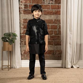 Full sleeves kurta pyjama set with sequin jacket for boys - black 1