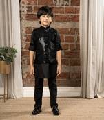 Full sleeves kurta pyjama set with sequin jacket for boys - black