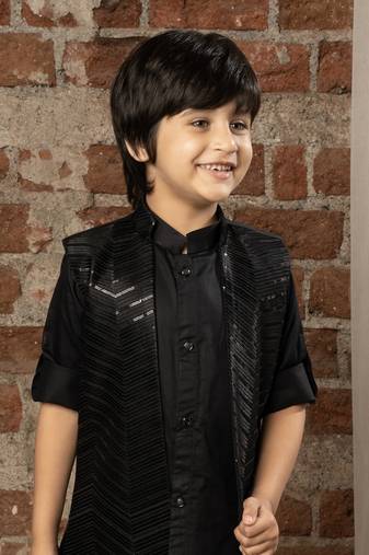 Full sleeves kurta pyjama set with sequin embroidered jacket for boys - black