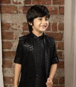 Full sleeves kurta pyjama set with sequin embroidered jacket for boys - black
