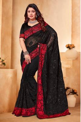Black Red Zari Resham Embroidered Georgette Party Wear Saree With Blouse Piece 1