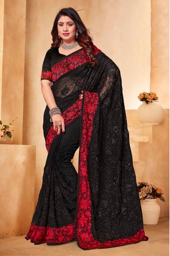 Black Red Zari Resham Embroidered Georgette Party Wear Saree With Blouse Piece