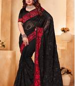 Black Red Zari Resham Embroidered Georgette Party Wear Saree With Blouse Piece