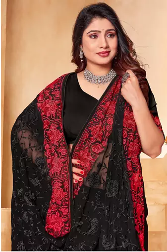 Black Red Zari Resham Embroidered Georgette Party Wear Saree With Blouse Piece