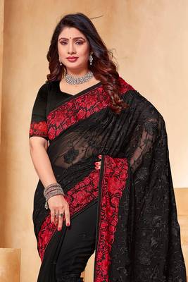 Black Red Zari Resham Embroidered Georgette Party Wear Saree With Blouse Piece 3