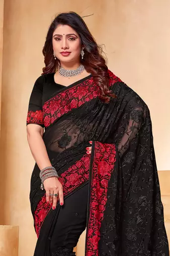 Black Red Zari Resham Embroidered Georgette Party Wear Saree With Blouse Piece