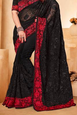Black Red Zari Resham Embroidered Georgette Party Wear Saree With Blouse Piece 4