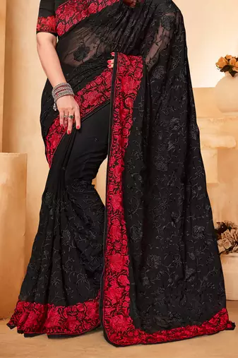 Black Red Zari Resham Embroidered Georgette Party Wear Saree With Blouse Piece