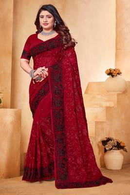 Maroon Black Zari Resham Embroidered Georgette Party Wear Saree With Blouse Piece 1