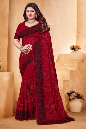 Maroon Black Zari Resham Embroidered Georgette Party Wear Saree With Blouse Piece