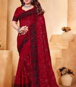 Maroon Black Zari Resham Embroidered Georgette Party Wear Saree With Blouse Piece
