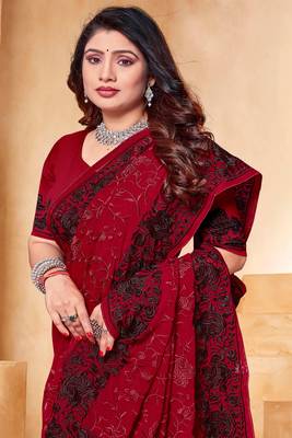Maroon Black Zari Resham Embroidered Georgette Party Wear Saree With Blouse Piece 2