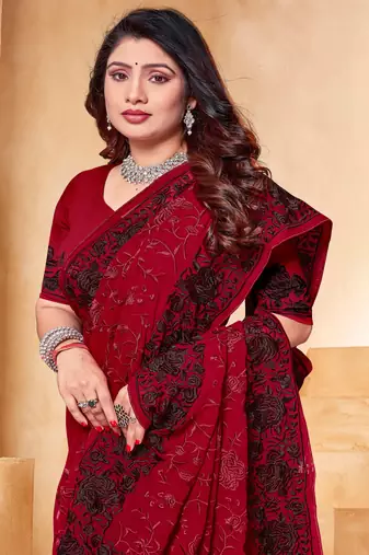Maroon Black Zari Resham Embroidered Georgette Party Wear Saree With Blouse Piece