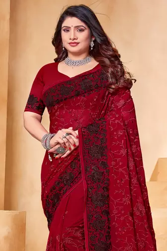 Maroon Black Zari Resham Embroidered Georgette Party Wear Saree With Blouse Piece