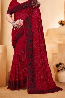 Maroon Black Zari Resham Embroidered Georgette Party Wear Saree With Blouse Piece 4