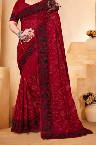 Maroon Black Zari Resham Embroidered Georgette Party Wear Saree With Blouse Piece