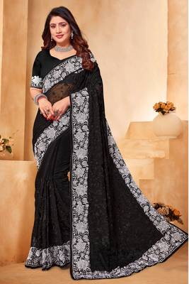 Black And White Zari Resham Embroidered Georgette Party Wear Saree With Blouse Piece 1