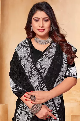 Black And White Zari Resham Embroidered Georgette Party Wear Saree With Blouse Piece