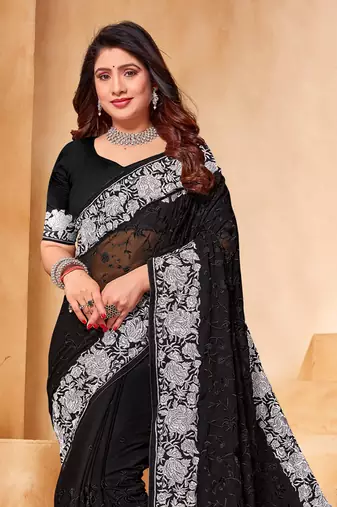 Black And White Zari Resham Embroidered Georgette Party Wear Saree With Blouse Piece