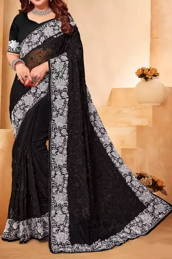 Black And White Zari Resham Embroidered Georgette Party Wear Saree With Blouse Piece