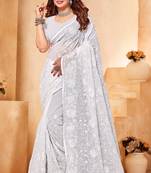 White Zari Resham Embroidered Georgette Party Wear Saree With Blouse Piece