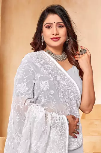 White Zari Resham Embroidered Georgette Party Wear Saree With Blouse Piece