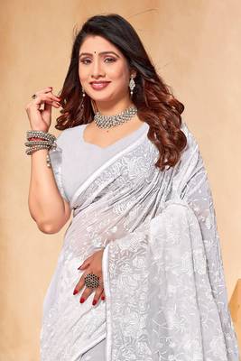 White Zari Resham Embroidered Georgette Party Wear Saree With Blouse Piece 3