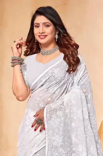 White Zari Resham Embroidered Georgette Party Wear Saree With Blouse Piece